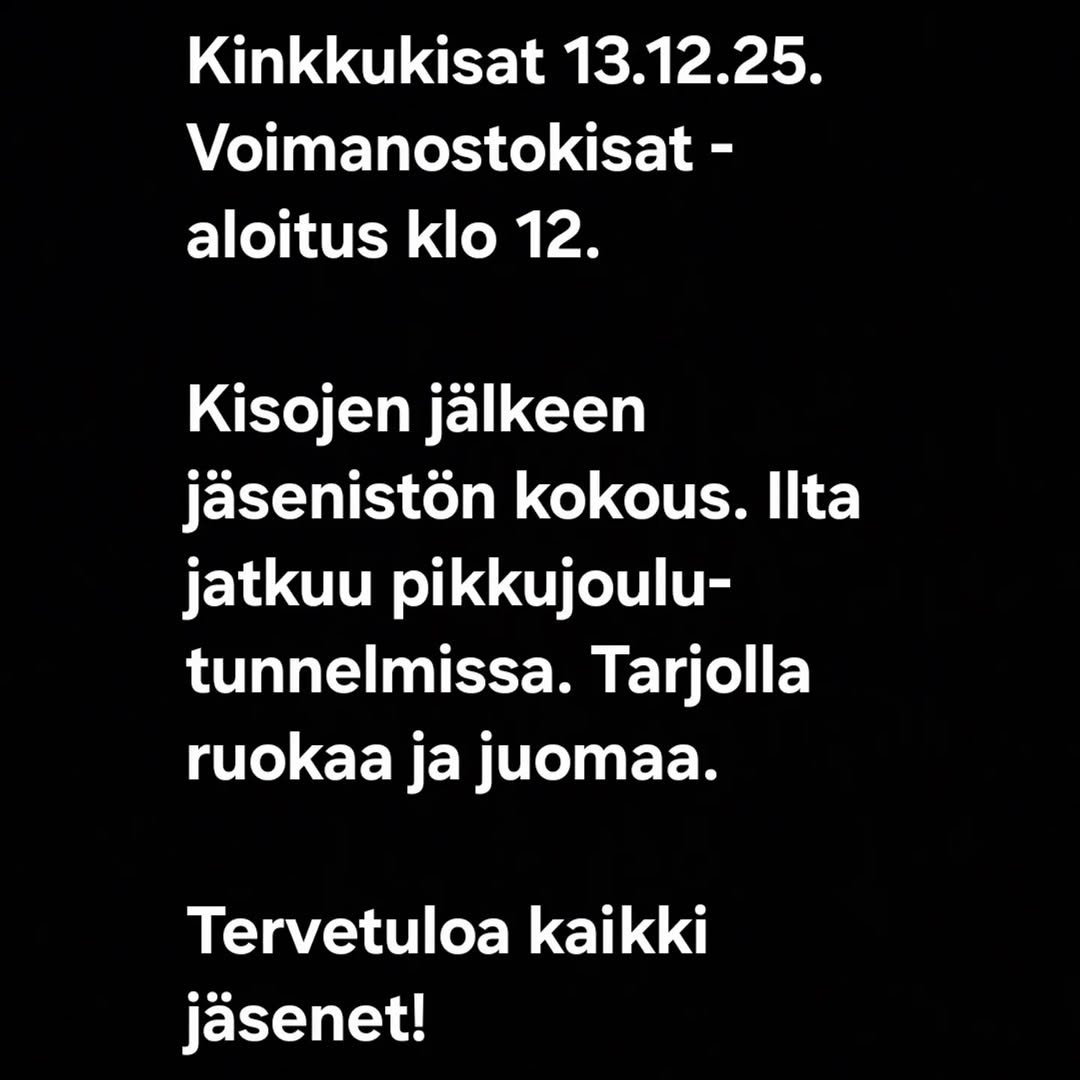 Kuva esittelee joulutapahtuman ja voimanostokilpailut jäsenistölle.