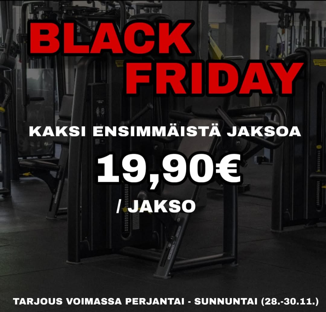 Nyt on kova Black Friday -tarjous! Kaikkiin perjantai - sunnuntaina ostettuihin jäsenyyksiin kaksi ensimmäistä 4 viikon jaksoa hintaan vain 19,90 per jakso! 🤩 Alennuskauden jälkeen jäsenyys jatkuu normaalihintaisena. Hyödynnä tämä huipputarjous – tarjous voimassa vain viikonlopun👉 raisio.ole.fit/ *Tarjous vain uusille asiakkaille, jäsenyysehdot verkkokaupassa.
