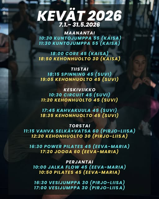 Kevään ryhmäliikuntakalenteri on täällä! 🌷 Kevät tuo mukanaan valoa, energiaa ja tietenkin uuden tuntikalenterin 🙌 Luvassa ainakin: 🔥 tuttuja lemppareita 💦 hikeä, hymyä ja hyvää fiilistä 🎉 Lauantait = spesiaalitunnit! Kevään aikana testataan lauantaisin erilaisia erikoistunteja – esimerkiksi Baila + putkirullaus seuraavina päivinä: 👉 10.1., 31.1., 7.2., 14.2. ja 14.3 📅 Kevään kalenteri on pian varattavissa tutusta paikasta! 👉 Kurkkaa aikataulut, varaa paikkasi ja merkkaa suosikit kalenteriin! Nyt on täydellinen hetki tulla mukaan liikkumaan ja aloittaa uusi vuosi täydellä teholla – yksin tai kaverin kanssa 💙 #nautilustampere #nautilusgym #ryhmäliikunta
