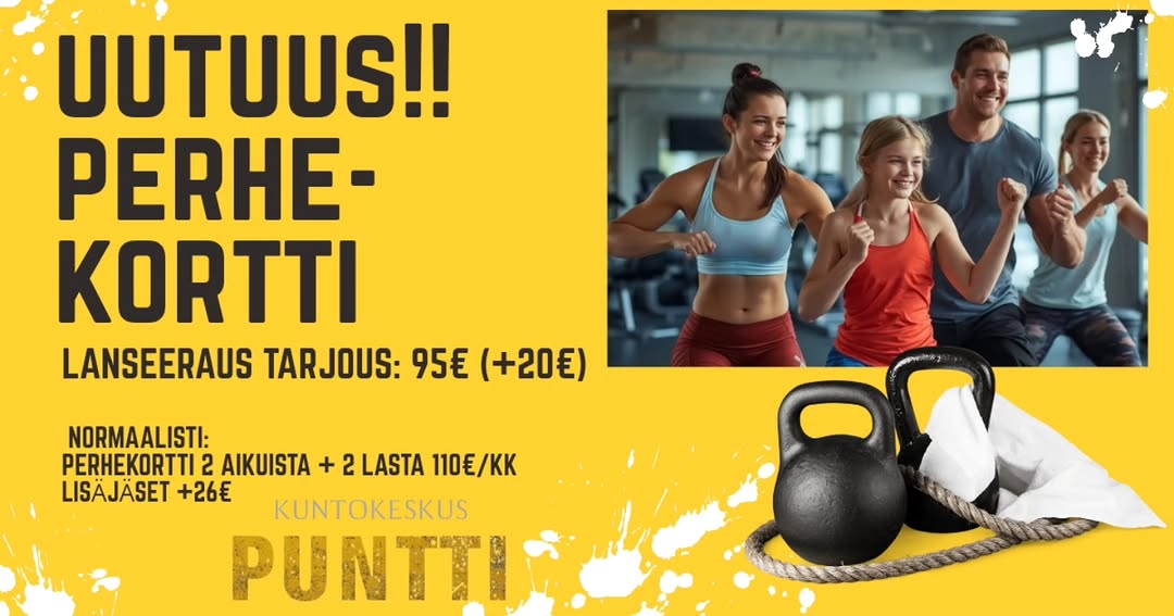 Uutta meillä: Kk-kortti koko perheelle Paljon kysytään, mikä on ikäraja ja milloin lapset saavat tulla kuntosalille? Tähän minun mielipiteeni on, ja olen kouluttautunut ammattivalmentaja, jolla erikoistuminen myös lasten ja nuorten valmennukseen, että luonnollisesti riippuen lapsen omasta kehityksen tasosta, mitään selkeää ikärajaa ei ole. Harjoittelu suunnitellaan ensin jokaisen omia fyysisiä ominaisuuksia kehittäen progressiivisesti. Salilla pystyy tekemään kehonpainolla ja erilaisia välineitä käyttäen erittäin monipuolista harjoittelua. Oikein toteutettuna voimaharjoittelu on turvallista myös lapsille ja nuorille. Hyvin toteutettuna liikunta edistää lasten ja nuorten henkistä hyvinvointia ja tarjoaa positiivia kokemuksia, jotka tukevat itsetunnon kehitystä positiivisesti. Lasten voimaharjoitteluun liittyy edelleen myyttejä, joille ei ole tieteellistä näyttöä. Esim. Pituuskasvuun liittyvä myytti elää vahvana edelleen, mutta tutkimusten mukaan voimaharjoittelu ei häiritse pituuskasvua, kun harjoittelu toteutetaan valvotusti. Päinvastoin, voimaharjoittelu on lapsuudessa hyvin otollista aikaa, sillä säännöllinen ja laadukkaasti suunniteltu voimaharjoittelu kasvuiässä on edullista luiden kasvulle ja niiden mineraalitiheyden lisääntymiselle. Toinen ajatus, jota kuulen, on, että 12-vuotiaana aikaisintaan voi aloittaa voimaharjoittelun. Tämän taustalla on, että lapsen tulee olla voimaharjoittelun aloittaessaan: kykenevä vastaanottamaan ohjeita ja noudattamaan turvallisuussääntöjä. Kuntosali ei ole leikkipaikka, vaan ohjeita ja sääntöjä tulee noudattaa oman ja kanssa treenaajien turvallisuuden vuoksi. Eli keskittymiskyky ja ymmärrys ympäristöä kohtaan ovat tärkeämpiä asioita. Voimaharjoittelun hyödyt lapsille ja nuorille: 💪🏼 Harjoitettavuus paranee 💪🏼 Suorituskyky paranee (nopea voimantuotto-teho, nopeus, kestävyys, motoriset perustaidot) 💪🏼 Ehkäisee urheiluvammoja (kiistaton hyöty esim. polvivammojen ehkäisyssä ja kuntoutuksessa) 💪🏼 Terveyshyödyt (luiden mineraalitiheys lisääntyy, laskee verenpainetta, LDL-kolesterolia, parantaa insuliiniherkkyyttä sekä positiivinen vaikutus psyykkiseen hyvinvointiin lisäten minäpystyvyyden tunnetta) -Nina-