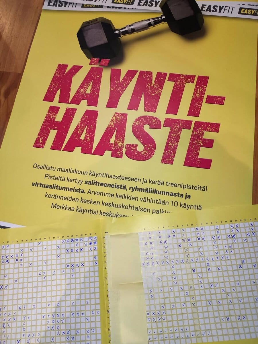 Käyntihaaste virtuaalinen ja ryhmäliikuntatapahtuma, 10 käyntiä, palkinto.
