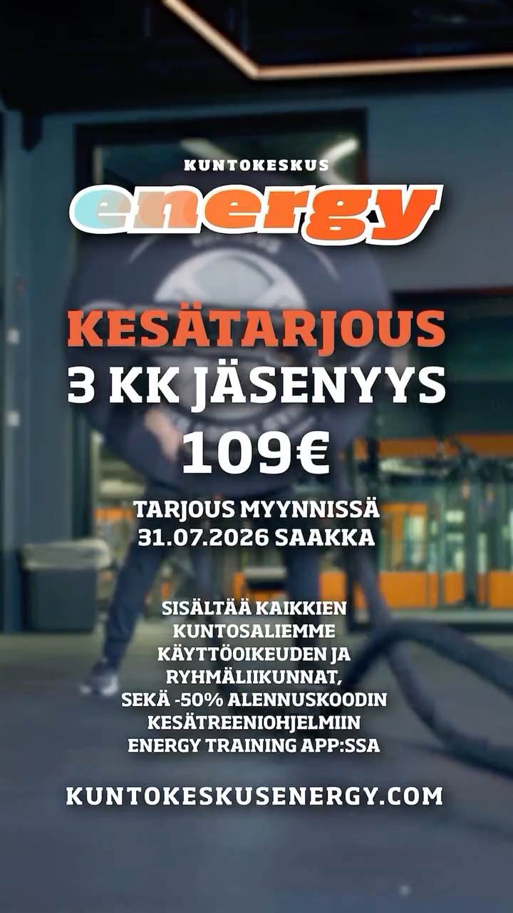 ☀️ KESÄTARJOUS ON TÄÄLLÄ ☀️ 3kk treenit vain 109€ 💥 Sisältää: ✅ 24h sisäänpääsyn kuntosalille ✅ Ryhmäliikunnat ✅ Oston helposti verkkokaupasta tai salin vastaanotosta Tarjouksen voivat hyödyntää myös nykyiset asiakkaat 🙌🏼 (Toistaiseksi voimassa oleva jäsenyys? Ota yhteyttä asiakaspalveluun ennen aktivointia.) Kesän parhaat treenit alkaa nyt 🔥