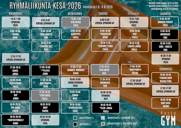 Kesän ryhmäliikunta-aikataulu 🌸 Kesän ryhmäliikuntakalenteri starttaa 1.6. ja se on voimassa 9.8. saakka. Kalenteriin yhdellä tähdellä * merkityt tunnit ovat tauolla 29.6.-2.8. välisen ajan, kahdella tähdellä ** merkityt taas tauolla 22.6.-2.8. Kesän kalenteriin palaa paljon toivottu Ninnin Voima tunti maanantaille! Uutuuksina kalenterista löytyy Dianan Summer Workout, Päivin Summer Circuit sekä Hannan Body Base 🤩 kesänkin kalenterissa on monipuolisesti kehoa huoltavia tunteja, lihaskuntoa, spinningiä sekä tanssia. Tunteja pidetään neljässä eri salissa: Korsontien ryhmäliikuntasalissa ja Maakotkantiellä ryhmäliikuntasalissa / Gym Cross salissa / spinningsalissa. Sali on merkitty tunteihin värikoodilla 🧡 Eikö tunnit vielä kuulu salikorttiisi? Saat koska tahansa päivitettyä ryhmäliikuntaoikeuden jäsenyyteesi asiakaspalvelussa! #korsogym #korso #vantaa #kuntosali #ryhmäliikunta