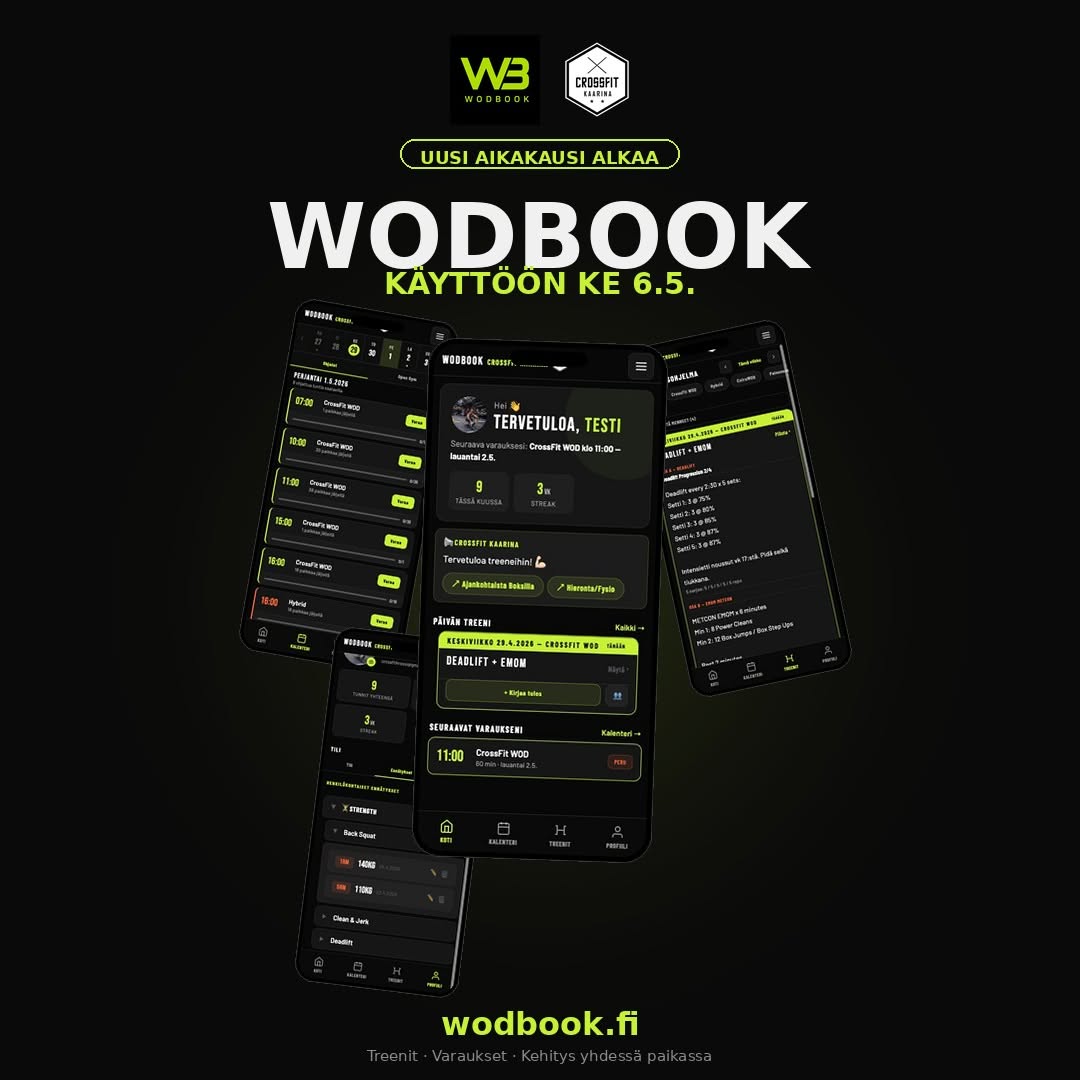 Wodbook-sovellus mobiilissa, urheiluharjoitusten seuranta ja tulosten hallinta.