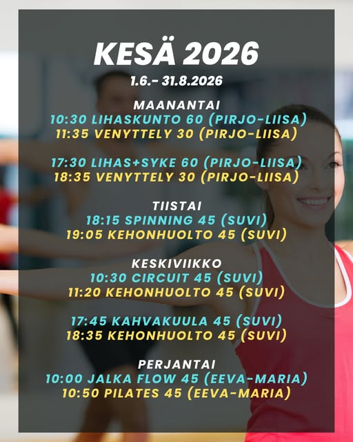 KESÄN RYHMÄLIIKUNTA ON TÄÄLLÄ ☀️💙 Uusi kesän lukujärjestys on julkaistu ja mukana on taas täydellinen yhdistelmä energiaa, hikeä, palautumista ja hyvää fiilistä 💪 Kesälläkin liikutaan yhdessä: 🔥 tehokkaita treenejä 🧘 kehonhuoltoa ja palautumista 💃 iloa ja energiaa arkeen Valitse omat suosikkituntisi ja pidä liikunnan rytmi mukana koko kesän 🌿 📅 Tutustu kesän aikatauluun ja varaa paikkasi tunneille! Nähdään Nautiluksella 💙 #nautilustampere #nautilusgym #ryhmäliikunta