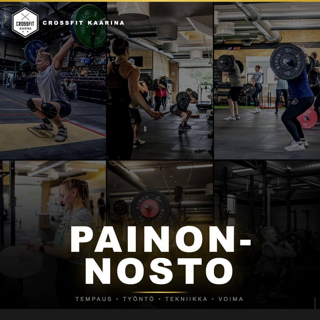 Kuvassa henkilö tekee kyykkyä painojen kanssa CrossFit-salilla, jossa treenaavat ihmiset.