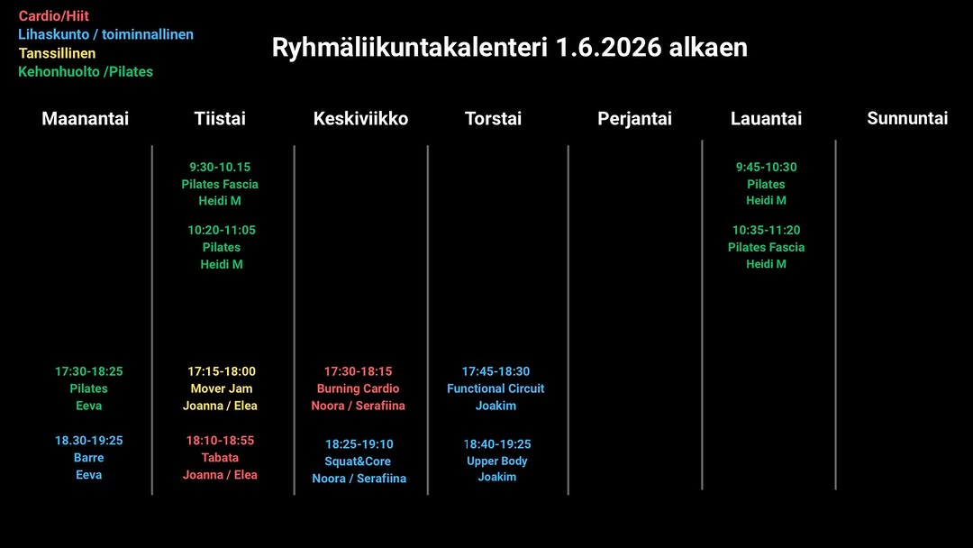 ✨Fit Niittykummun kesän ryhmäliikuntakalenteri on nyt täällä!✨ Kalenterista löydät monipuolisia tunteja ihan jokaiselle-oli intohimosi tanssi, kehonhuolto, tai kovatehoinen treeni, meiltä löytyy sopiva vaihtoehto. 🤩 Tervetuloa treenaamaan meidän upeiden ohjaajien johdolla. ❤️ #ryhmäliikunta #olefit #olefitniittykumpu #kesätreenit