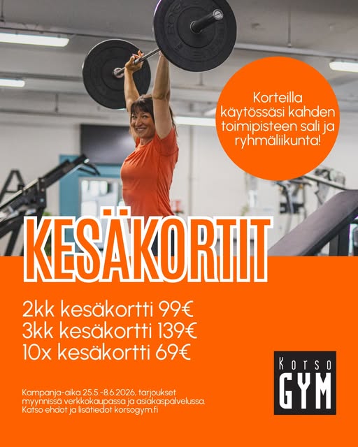 KESÄKORTTIKAMPANJA 🌼Korso Gymin perinteiset kesäkortit tulevat myyntiin huomenna 25.5. ja ovat saatavilla vain rajatun ajan 8.6.2026 saakka! 😎 Kortit astuvat voimaan ostopäivästä ja päättyvät automaattisesti, kun maksettu aika tai kerrat päättyvät. ✅2kk sali+tunnit 99€ (norm. 30pv kortti 72€/kk) ✅3kk sali+tunnit 139€ (norm. 30pv kortti 72€/kk) ✅10x sali+tunnit 69€ (norm. 99€), voimassa 3kk Osta kortti verkosta korsogym.fi tai tule käymään salilla palveluaikoina! 💪 Kampanjakortteihin sisältyy salin ja ryhmäliikuntatuntien käyttöoikeus 24/7 molemmilla Korson toimipisteillä 🤸♀️ Käytössäsi on siis yhteensä lähes 2000 neliötä treenitilaa ja yli 30 viikkotunnilla* läpi kesän! Tämän edullisemmin et näillä herkuilla löydä treenipaikkaa kesäksi. Tarjoukset voimassa uusille asiakkaille (ei jäsenyyttä voimassa), katso korttien ehdot ja lisätiedot korsogym.fi/kesakortit2026 📲 *osa tunneista lomailee keskikesällä, katso aikataulu verkkosivuilta