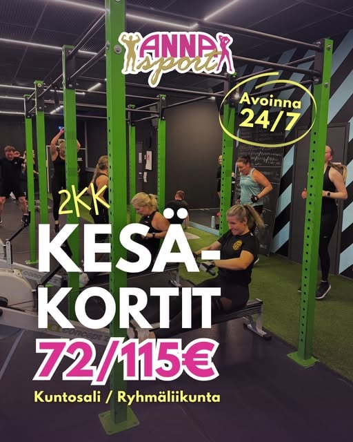 Kesäkausikortit Puntit kuntosalille ja ryhmäliikuntaan, 72/115€, avoinna 24/7.