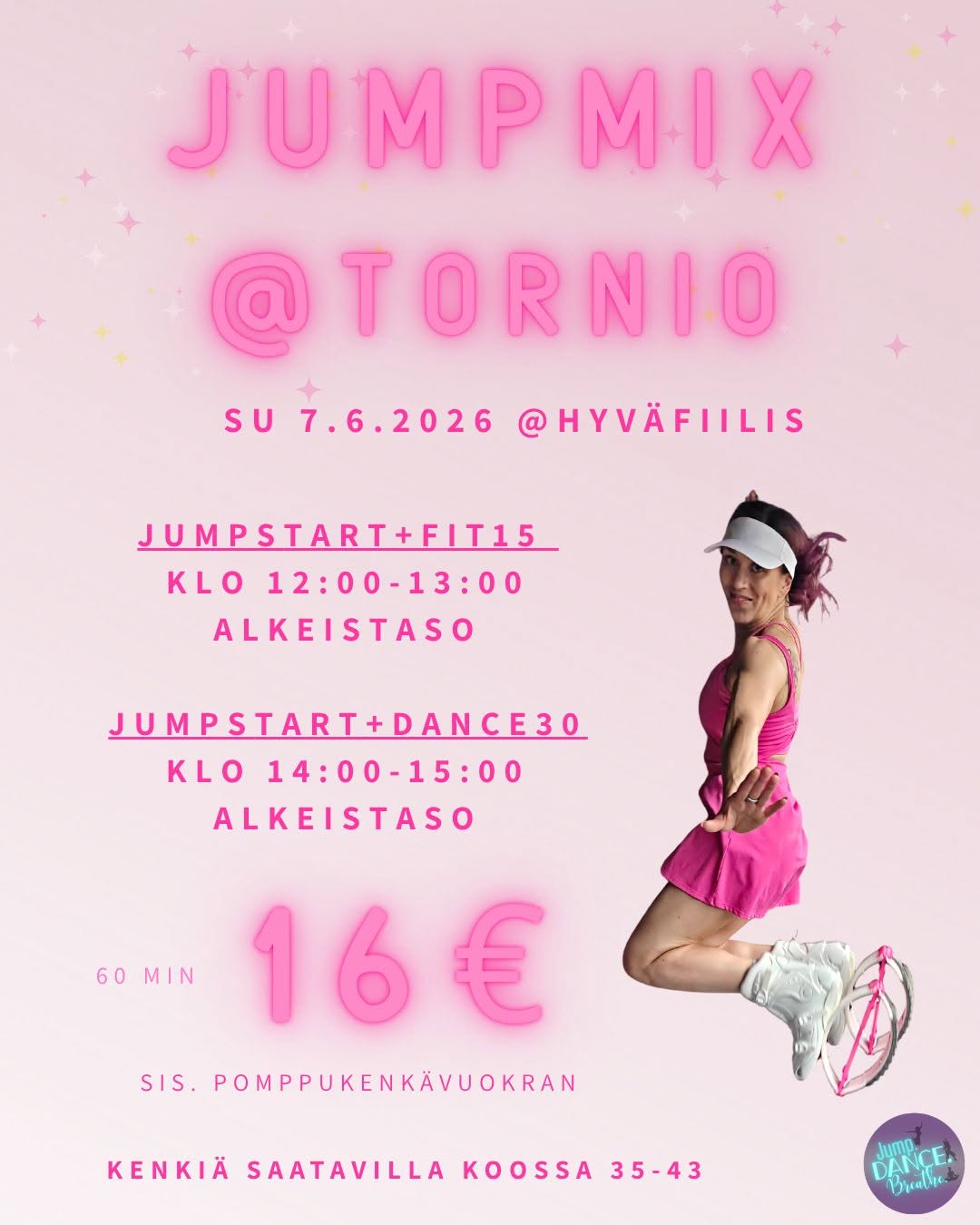 Hoi Tornio - kesä käyntiin pomppien! ☀️ Kesäkuun ensimmäisenä sunnuntaina hypitään hymyillen ja hyvällä fiiliksellä Tornion HyväFiiliksellä! 🦘 Jumpstart + Fit15 klo 12:00–13:00 – tasoltaan helppo mutta tehokas startti päivään 💃 Jumpstart + Dance30 klo 14:00–15:00 – rytmiä, hymyä ja kevyttä tanssillisuutta Tiesitkö, että pomppukengät tekevät treenistä kevyttä nivelille ja superhauskaa mielelle! Tule kokeilemaan – fiilis on katossa jo ensimmäisistä hypyistä lähtien ✨