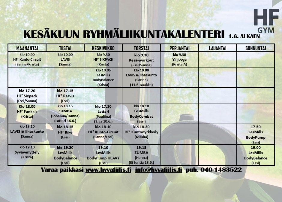 Kesäkuu on jo aivan nurkan takana 😎☀ Mutta ei hätää, meillä HyväFiiliksellä jumpataan läpi kesän! Kurkkaa tästä meidän kesäkuun jumppalukkari! Tämä ryhmäliikuntakalenteri polkaistaan käyntiin maanantaina 1.6. Mahdolliset yksittäiset viikkokohtaiset muutokset näet aina nettiajanvarauksesta - muistathan erityisesti kesällä varata paikan jumpille! Kesäkuun lukkarissa uutuuksina mm. maanantai-iltaan palaava paljon toivottu HF' FUNKKIS klo 18.00 ja torstaiaamun KESÄ-WORKOUT -ulkotreenitunti klo 9.30. 🔅🍦