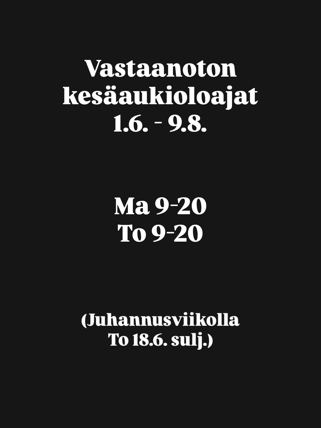 Kesäkuu lähenee ja vastaanottomme siirtyy myös 1.6. alkaen kesäaukioloaikoihin. Vastaanoton kesäaukioloajat 1.6.-9.8. Ma 9-20 To 9-20 (Juhannusviikolla To 18.6. sulj.) Ovikortilla treenaat joka päivä normaalisti. #kuntopantteri #heinola