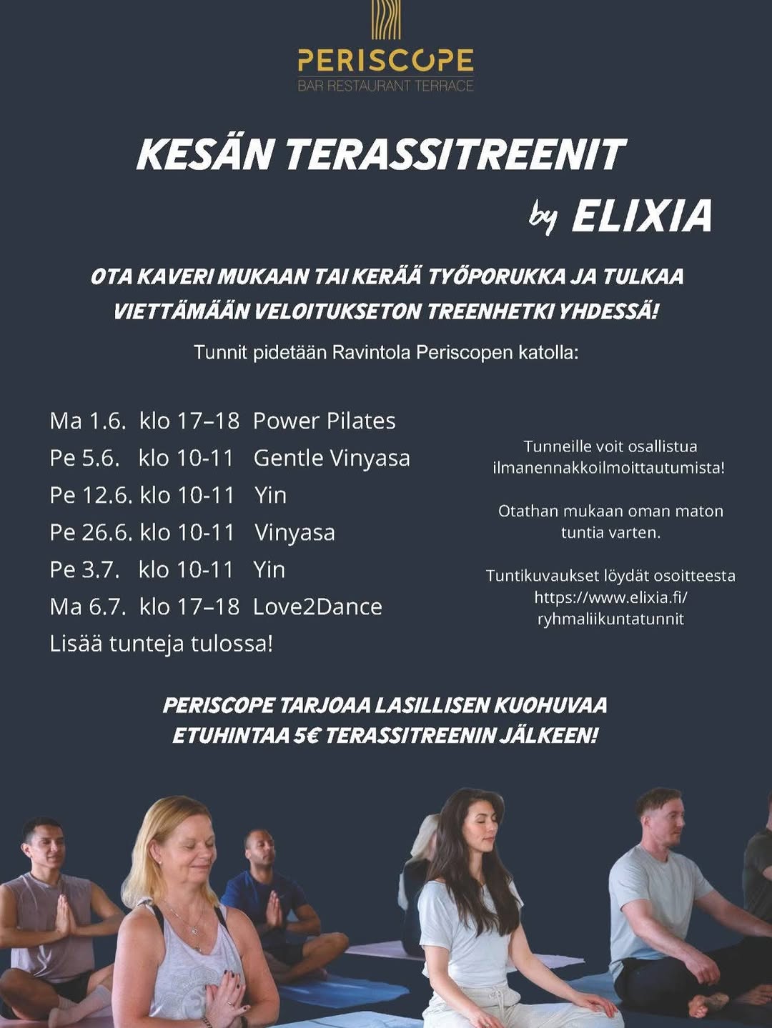 ☀️ Kesän odotetuimmat terassitunnit tekevät paluun! ☀️ Supersuositut Periscope x ELIXIA -terassijoogat valloittavat jälleen Tampereen katot kesällä 2026, ja tänä vuonna mukana myös energiset tanssitunnit! 💃🧘♀️✨ Luvassa liikettä, hyvää fiilistä ja upeat maisemat kaupungin yllä. Ota mukaan vain oma matto ja saavu nauttimaan kesäaamuista tai työpäivän jälkeisestä energiaboostista kanssamme! 🤩 📍 Periscope 🆓 Tunnit ovat maksuttomia 🙌 Ei ennakkoilmoittautumista Tallenna kuvat ja merkkaa lempitunnit kalenteriin! 🥰 🌦️ Sadesäällä tunnit järjestetään ELIXIA Ratinan tiloissa (Kauppakeskuksen 3. kerros). Ja mikä parasta, tunnin jälkeen pääset veloituksetta treenaamaan ELIXIAlle! 🔥 Nähdään terassilla, joogaten, tanssien ja kesästä nauttien! 💛 Tägää se kaveri, jonka kanssa lähdet terassitreenille? 🧘🏼♀️🧘♂️ Periscope 6. krs ☀️ Elixia 3. krs ☀️ #kauppakeskusratina #tampere #periscope #elixia