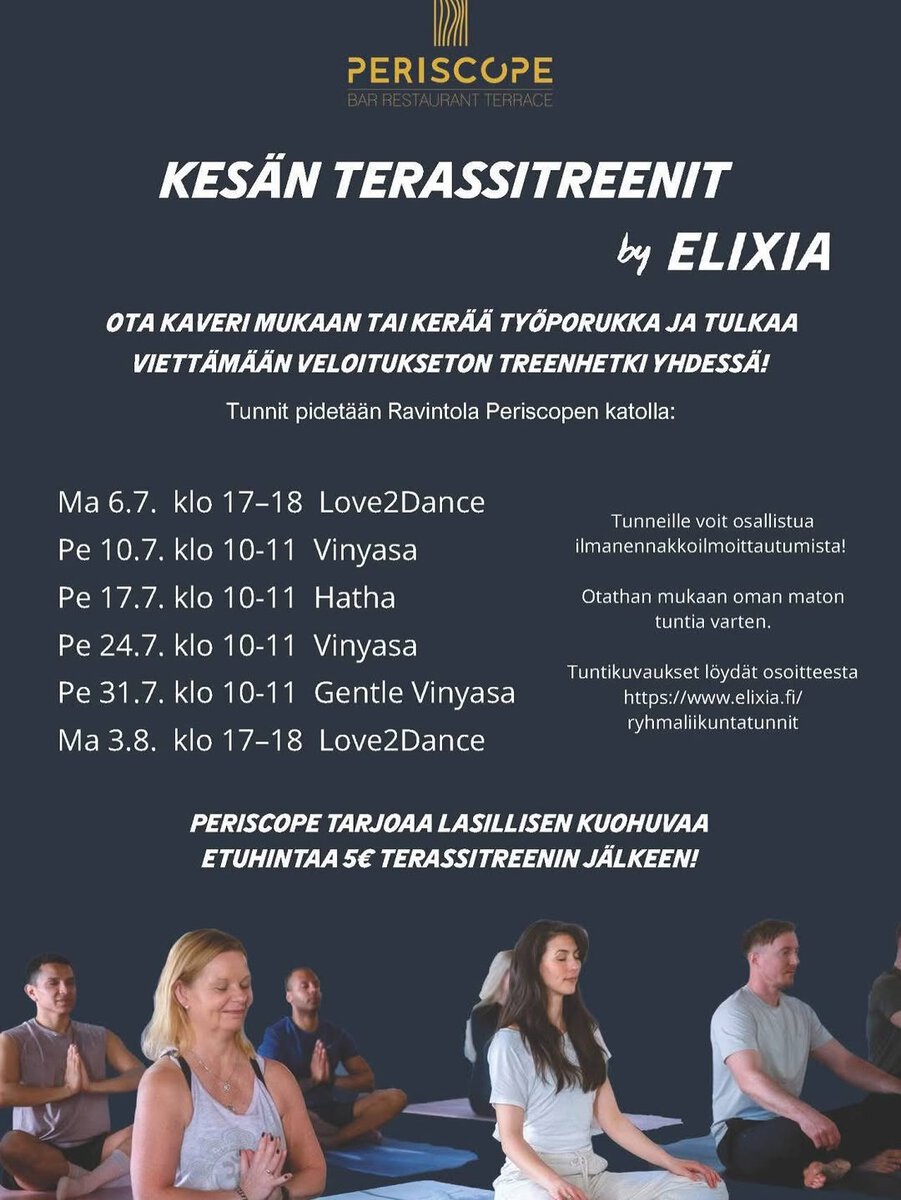 Kesän terassitreinit Elixian järjestämänä, monipuoliset ryhmät ja aikataulut.