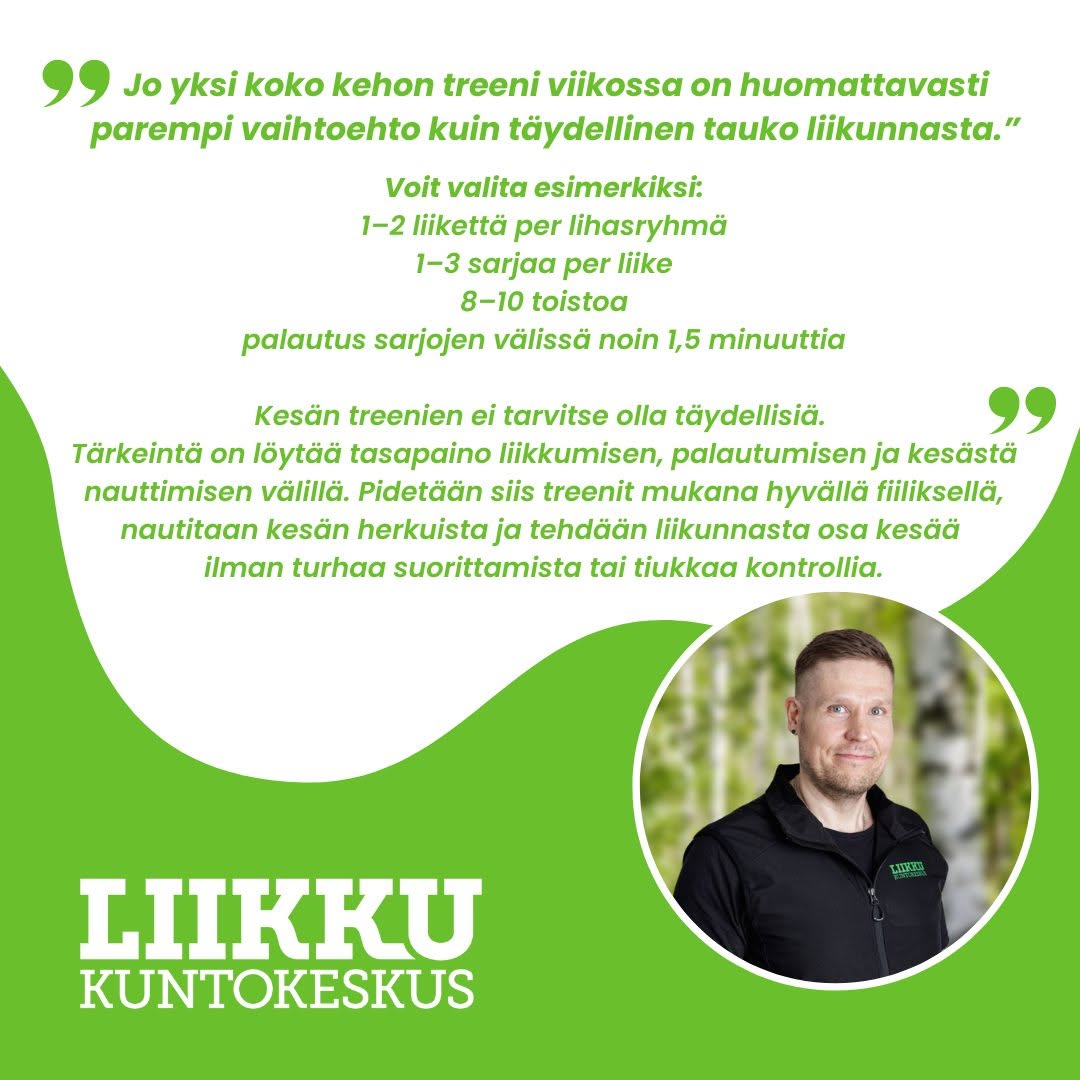 Uudessa blogissa Liikun valmentaja Riku Koskivuori kertoo vinkkejä kesän treenirytmin ylläpitämiseen sekä jakaa helpon koko kehon kesätreenin. Lue koko teksti osoitteesta liikku.fi 💚