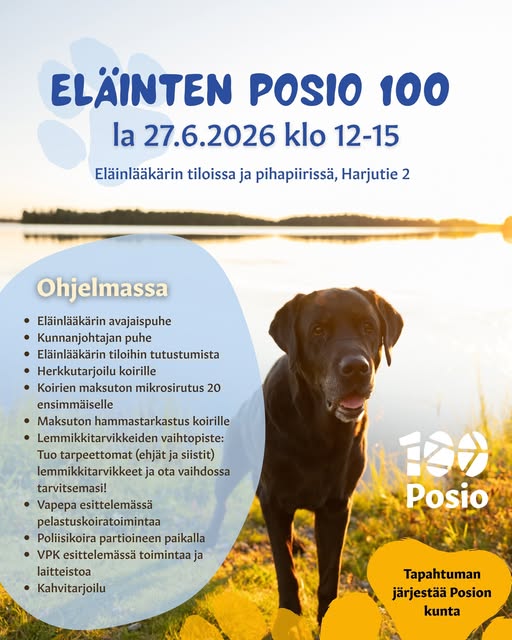 Tervetuloa Eläinten Posio 100 –juhlaan eläinlääkärin tiloihin lauantaina 27.6. klo 12-15. 🐶 Ohjelmassa on eläinlääkärin tiloihin tutustumista, koirien maksutonta hammastarkastusta ja mikrosirutusta (20 ensimmäiselle), hyväntekeväisyyshuutokauppa, lemmikkitarvikkeiden vaihtopiste sekä herkkutarjoilu koirille ja kahvitarjoilu ihmisille. Tilaisuudessa kuullaan eläinlääkärin ja kunnanjohtajan puheet sekä päästään tutustumaan Vapepan pelastuskoiratoimintaan sekä VPK:n toimintaan ja laitteistoon. Paikalla myös poliisikoira partioineen. 📍Osoite: Harjutie 2, Posio. Lue lisää Posion kunnan tapahtumakalenterista: posio.fi/tapahtumat/elainten-posio-100/.