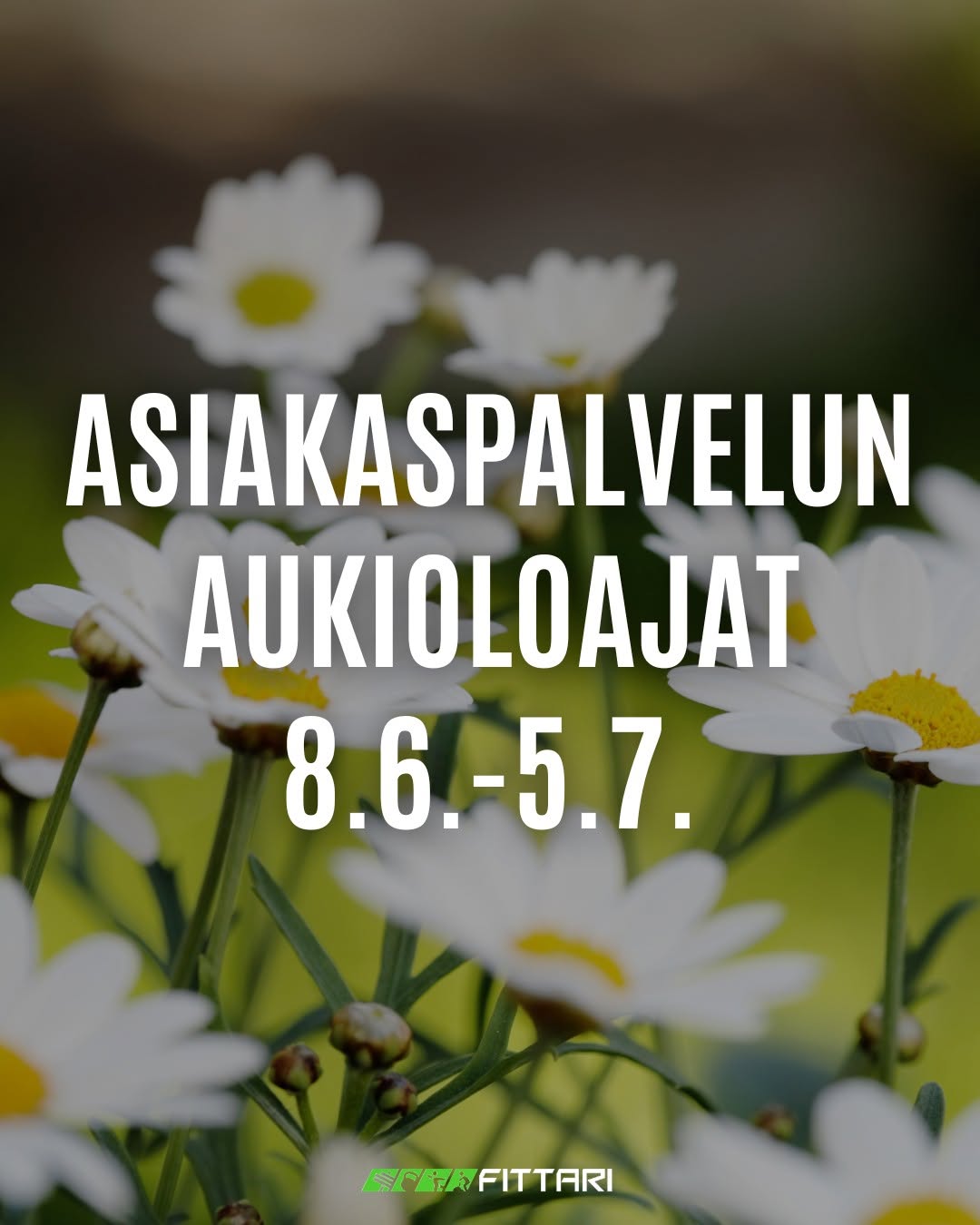 Asiakaspalvelu siirtyy kesän aukioloaikoihin maanantaina 8.6.2026☀ Asiakaspalvelun aukioloajat 8.6.-5.7.2026: Ma 16.00-18.00 Ti 16.30-18.00 Ke 15.00-16.30 To 15.30-17.00 Pe-Su suljettu Tavoitat meidät myös sähköpostitise fittari@fittari.fi😊 Nähdään Fittarilla!