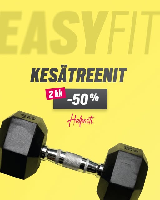 Kesän treenit puoleen hintaan? Helposti. 🔥 Ota tästä kesästä kaikki irti – myös treenien osalta! EasyFitin kesätarjouksella nyt: ☀️ 2 kk treenit puoleen hintaan ☀️ Aloitusmaksu 0 € ☀️ Ei pitkää sitoutumista! Treenaa silloin kun sinulle sopii — salilla, virtuaalitunneilla tai vaikka mökkilaiturilta Online-treenikirjaston kanssa. 💪 Aloittamisen tueksi saat ilmaisen treeniohjelman ja pt-konsultaation. 🚀 Nappaa tarjous: easyfit.fi/kesatarjous Aloita nyt ja nauti kesästä energisenä! 🌞 #easyfit #helposti #kesä #kesätarjous