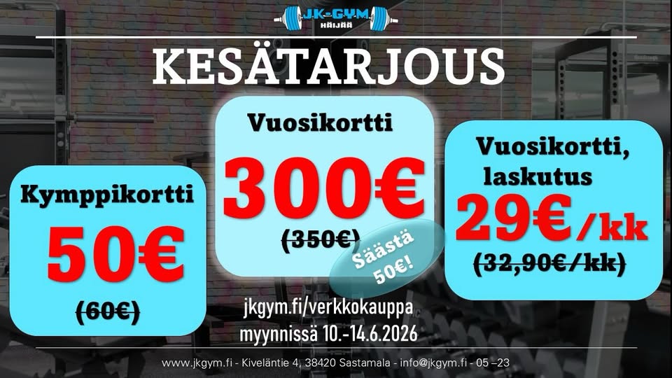 Kesän kovimmat tarjoukset online❗️käy nappaamassa omasi jopa vuodeksi sopuhintaan 💪 voimassa verkkokaupassa 10.6. - 14.6.2026. www.jkgym.fi/verkkokauppa #gym #voimakuukuukaikille #gymhäijää
