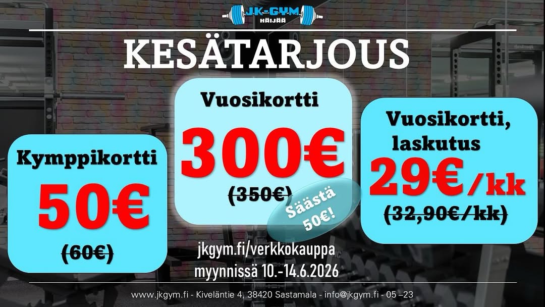 Kesän kovimmat tarjoukset online❗️käy nappaamassa omasi jopa vuodeksi sopuhintaan 💪 voimassa verkkokaupassa 10.6. - 14.6.2026. www.jkgym.fi/verkkokauppa #gym #voimakuukuukaikille #gymhäijää