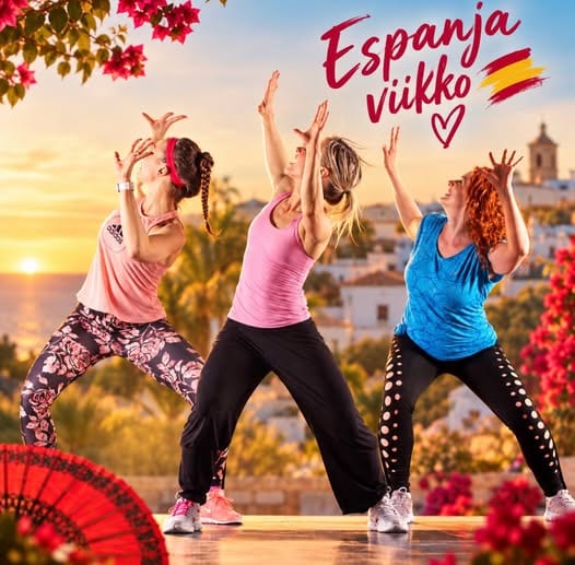 Kolme naista tanssii Espanja viikolla, taustalla auringonlasku ja kaupunki.